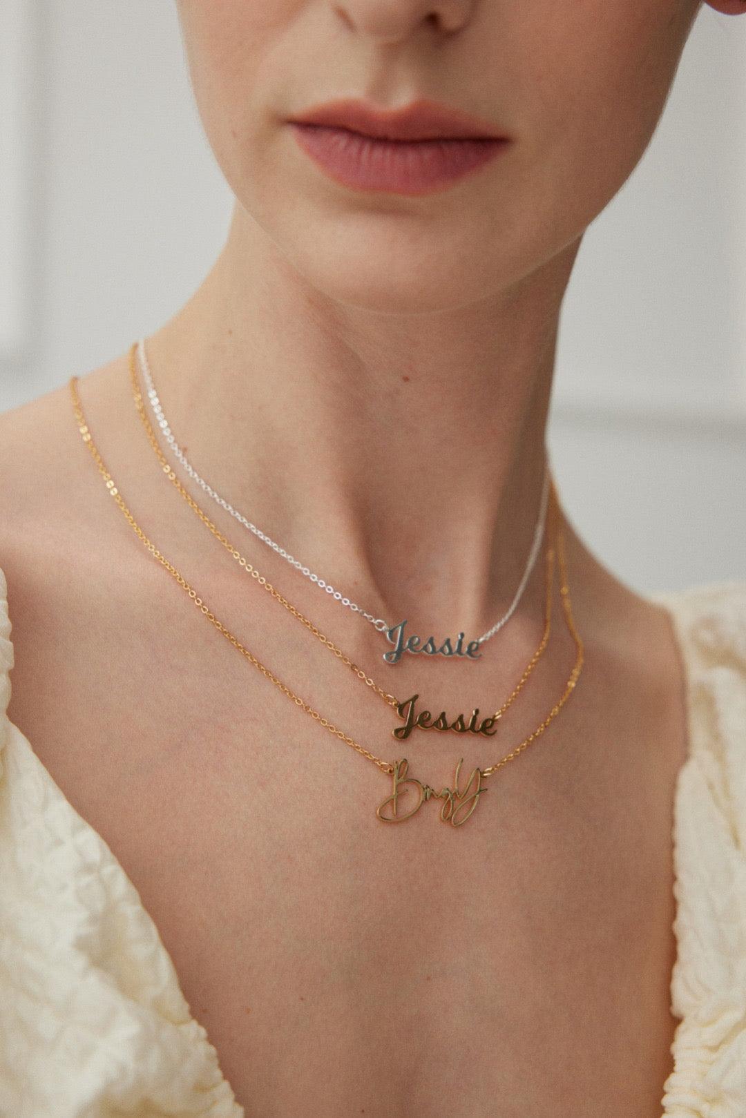 Personalized Script Necklace on model, custom name necklace in 18K gold vermeil | Lia Atelier