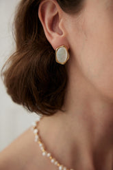 White Mother Of Pearl Stud Earrings In 18K Gold