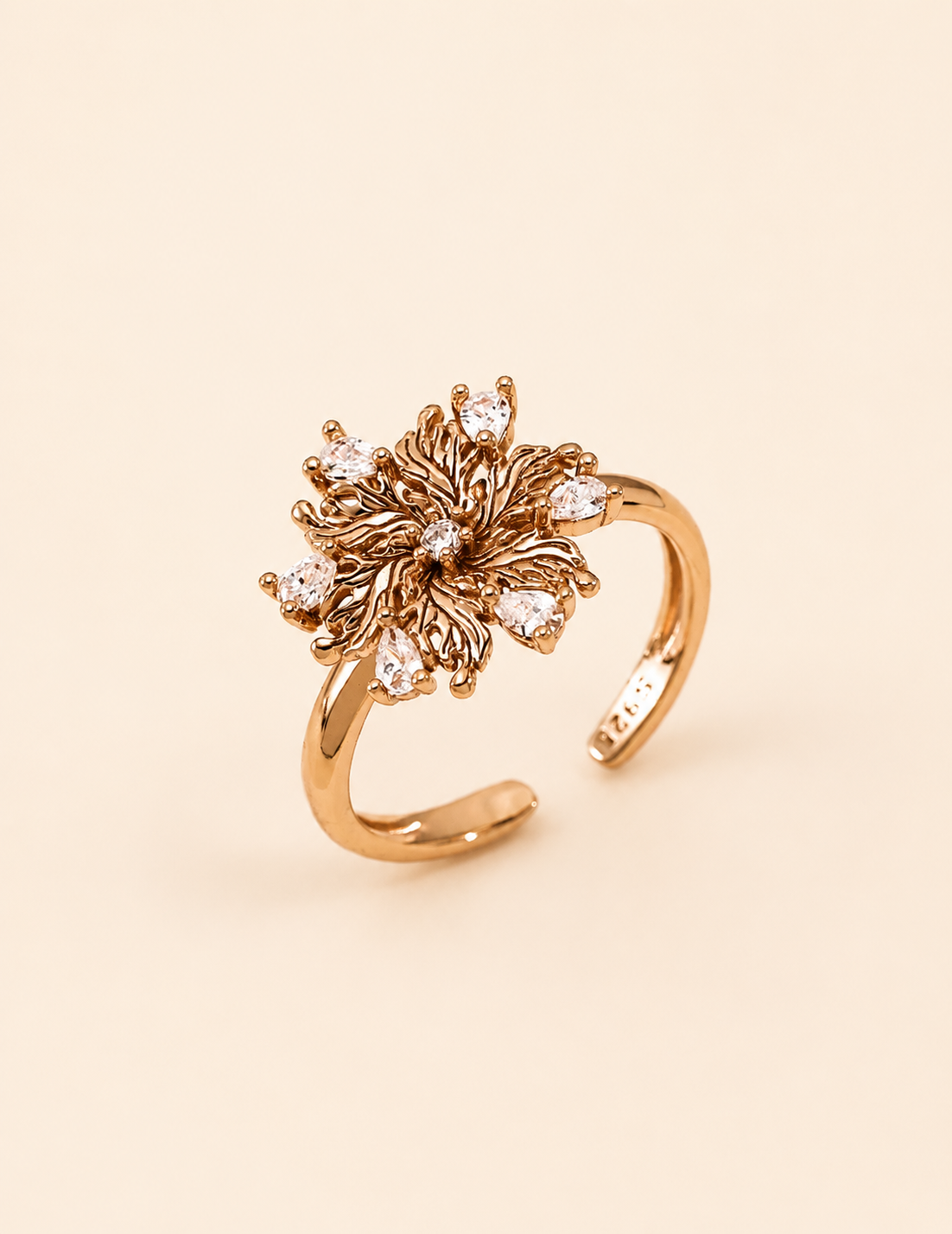 Elowen Radiant Bloom adjustable open ring close-up in 18K gold vermeil and zircon