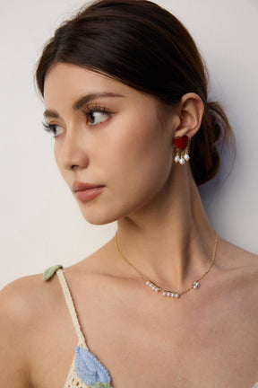 Red Enamel Heart Drop Earrings with Pearl and Gold Bead Dangles
