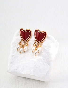 Red Enamel Heart Drop Earrings with Pearl and Gold Bead Dangles