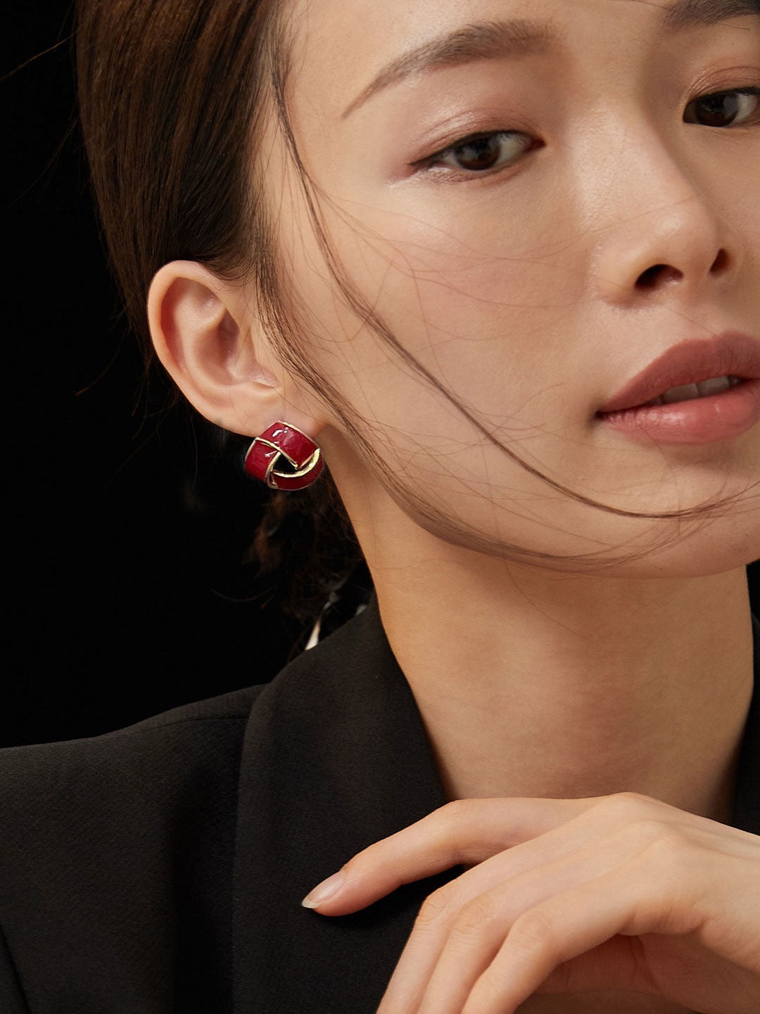 Burgundy Red Enamel Twisted Knot Stud Earrings with Gold Accent