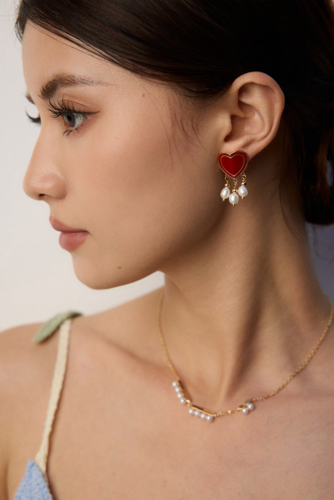 Red Enamel Heart Drop Earrings with Pearl and Gold Bead Dangles