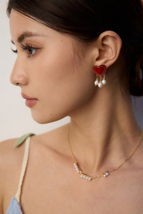 Red Enamel Heart Drop Earrings with Pearl and Gold Bead Dangles