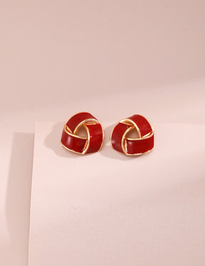 Burgundy Red Enamel Twisted Knot Stud Earrings with Gold Accent
