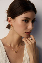 Luxe Chain Link Pearl Drop Earrings product shot, textured hoop with freshwater pearl drop | Lia Atelier