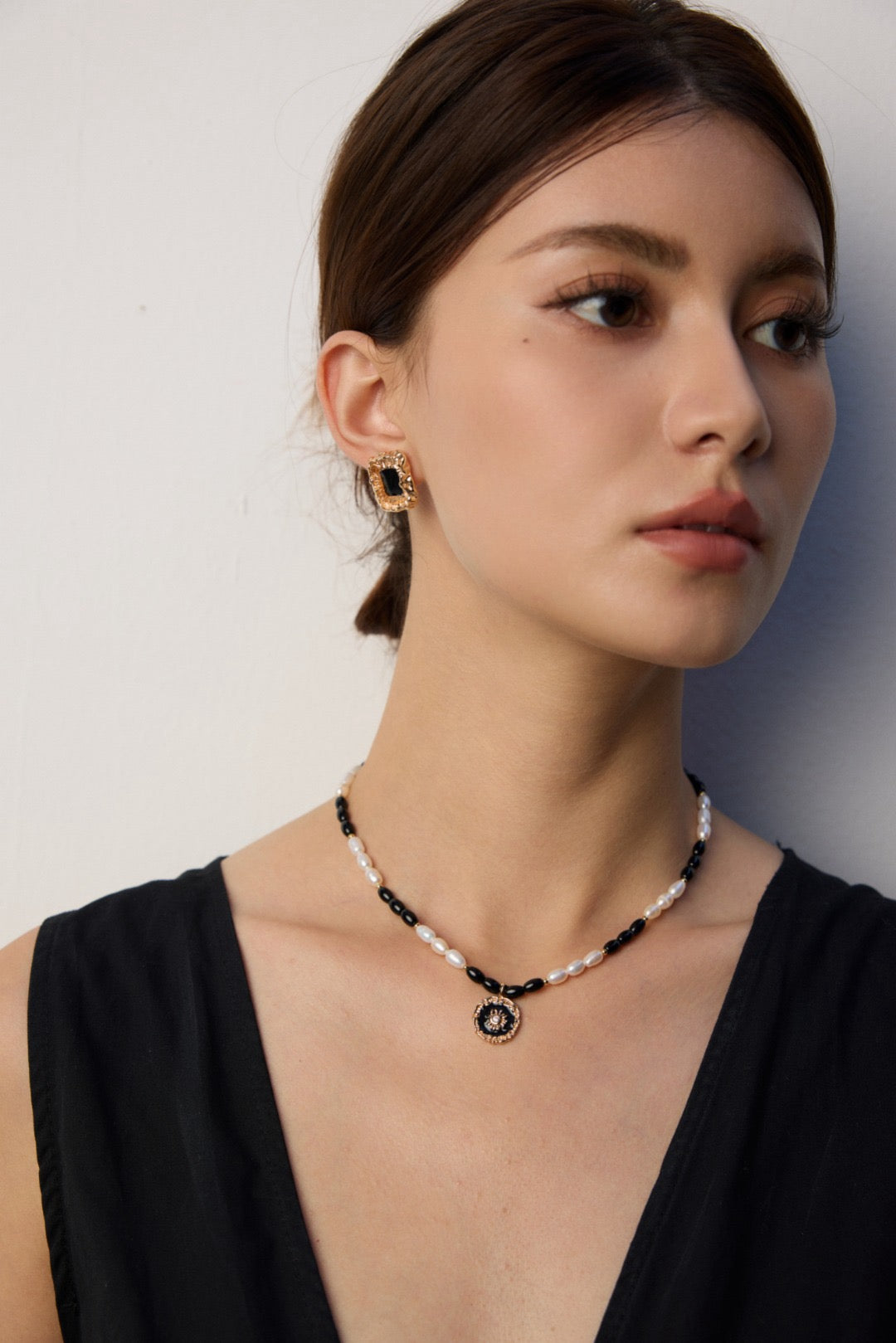 Black Onyx Pearl Statement Necklace with Gold Medallion Pendant
