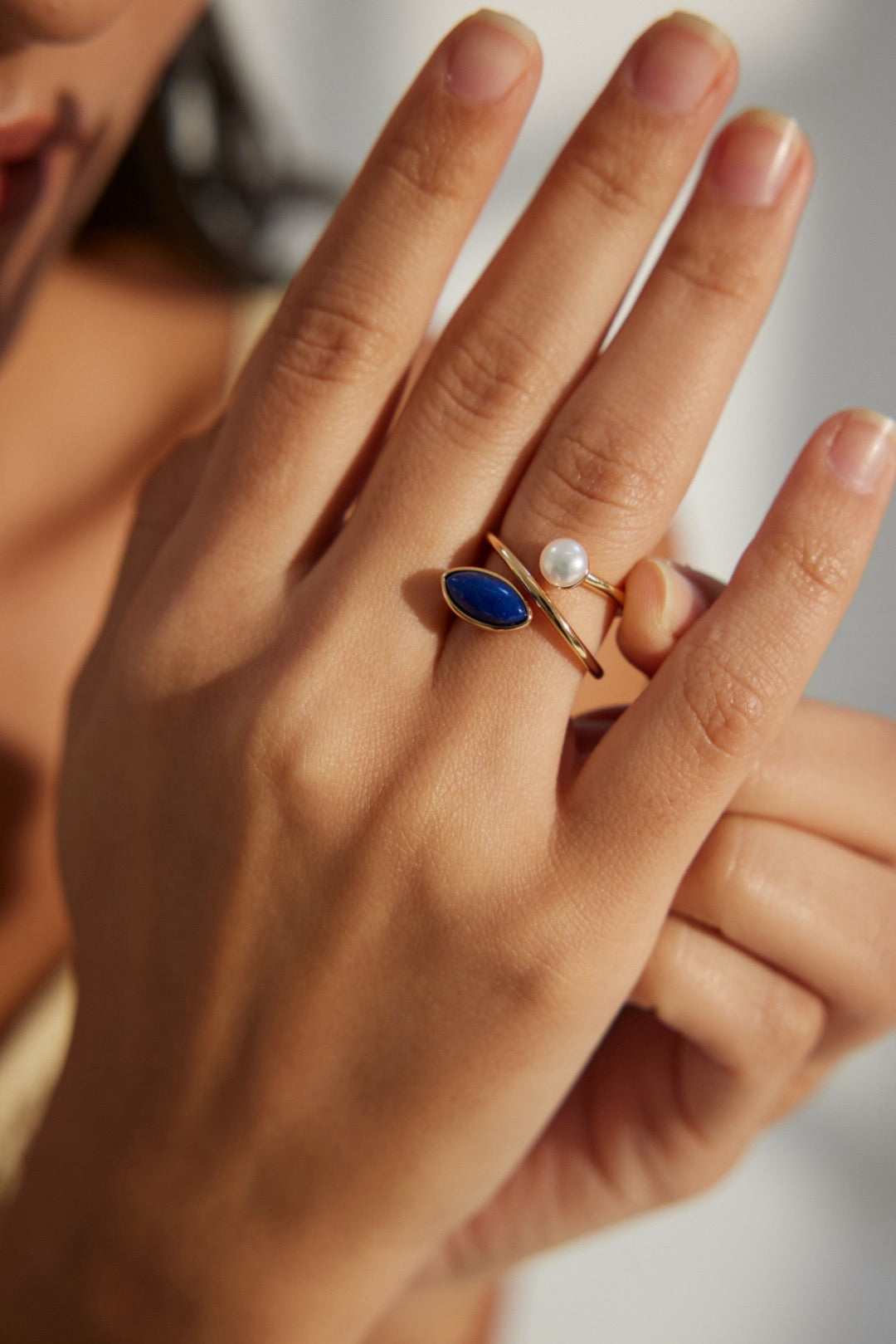 Adjustable Stone Ring Set - Lapis Lazuli & Pearl Gold