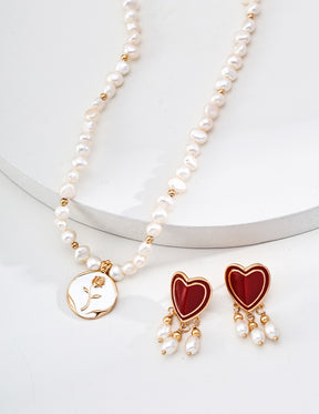 Red Enamel Heart Drop Earrings with Pearl and Gold Bead Dangles