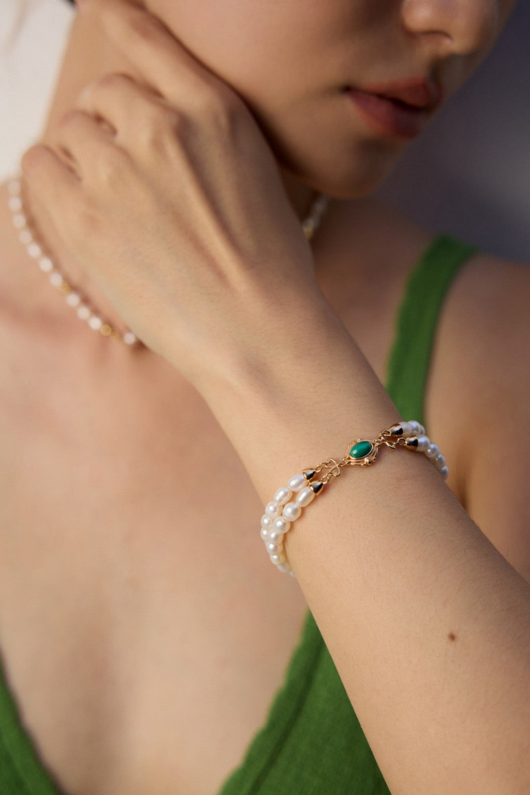 Double Strand Gold Bracelet with Emerald