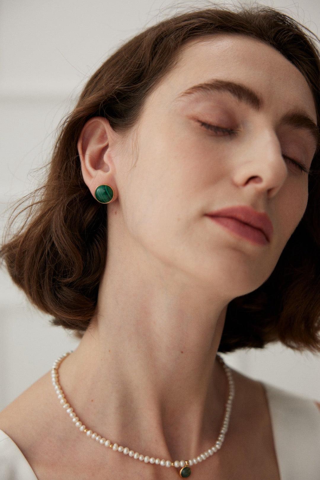 Tessa Earrings, crafted with 1cm Malachite gemstones | Lia Atelier | Spiritual Earrings | Chinese Feng Shui Earrings|Tessa Malachite Stud Earrings|Malachite Stone Earrings