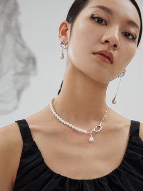 Asymmetrical Silver Chain Pearl Drop Earrings