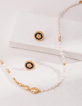 Camellia Earrings| Black and Gold Glaze Stud Earrings| Pearl Necklace| Lia Atelier