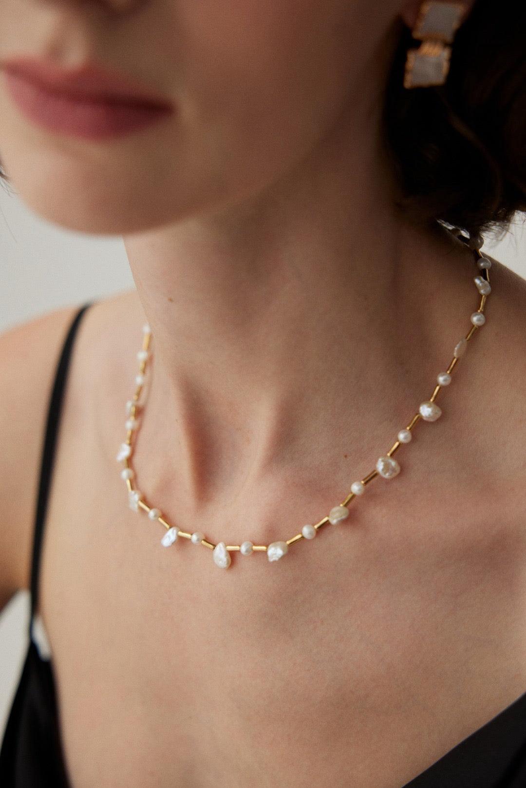 Bamboo Design Baroque Pearl Necklace|Bohemian Style| Minimalist