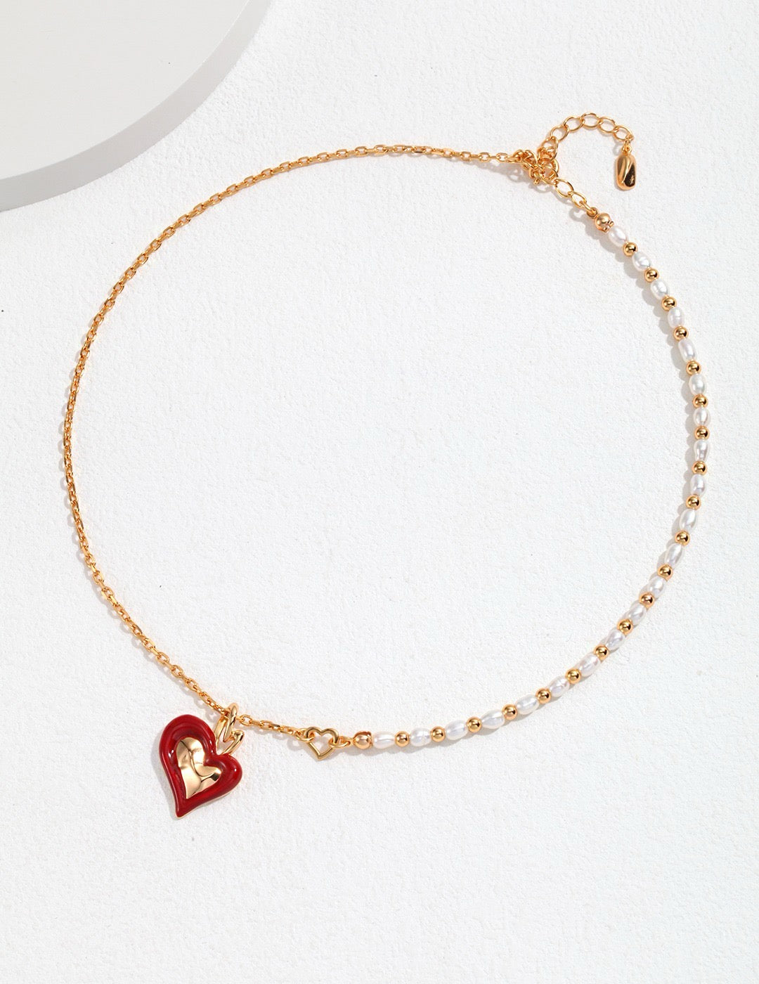 Gold Chain Pearl Beaded Necklace with Red Enamel Heart Charm