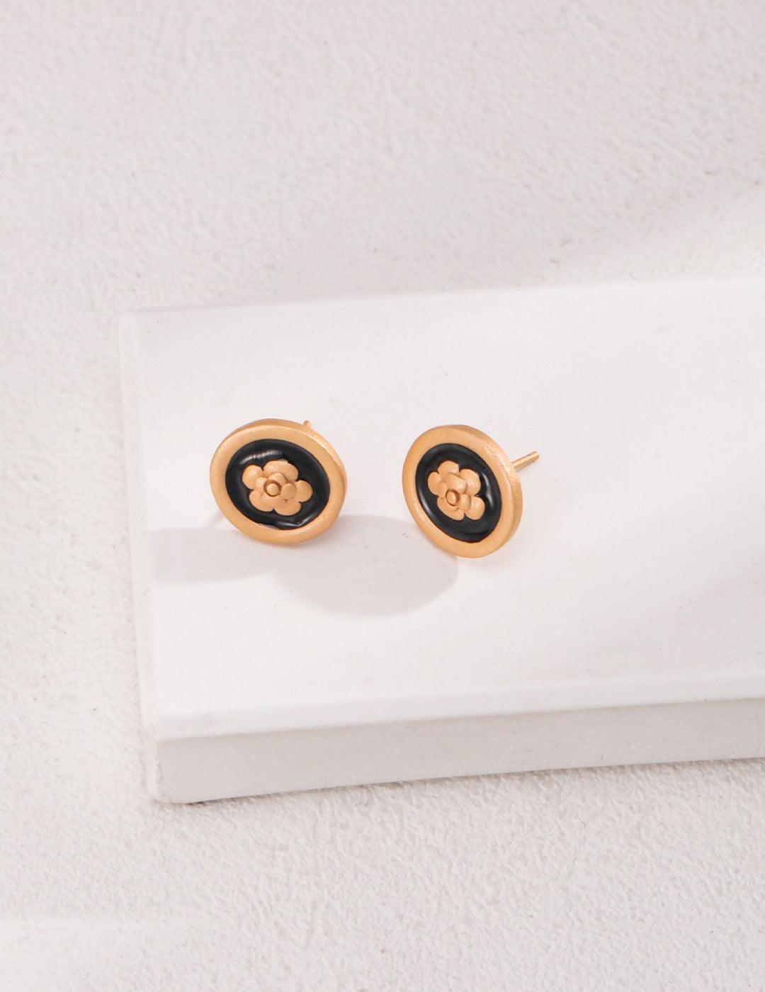 Camellia Earrings| Black and Gold Glaze Stud Earrings