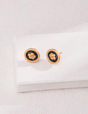 Camellia Earrings| Black and Gold Glaze Stud Earrings