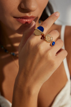 Lapis Lazuli Flower Cuff Ring - Gold