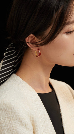 Crimson Bamboo Segment Hoop Earrings - Red Enamel Gold Hoops