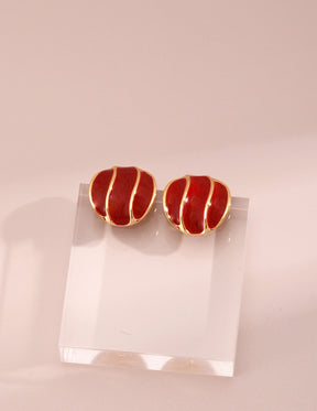 Burgundy Red Enamel Spiral Stud Earrings with Gold Trim