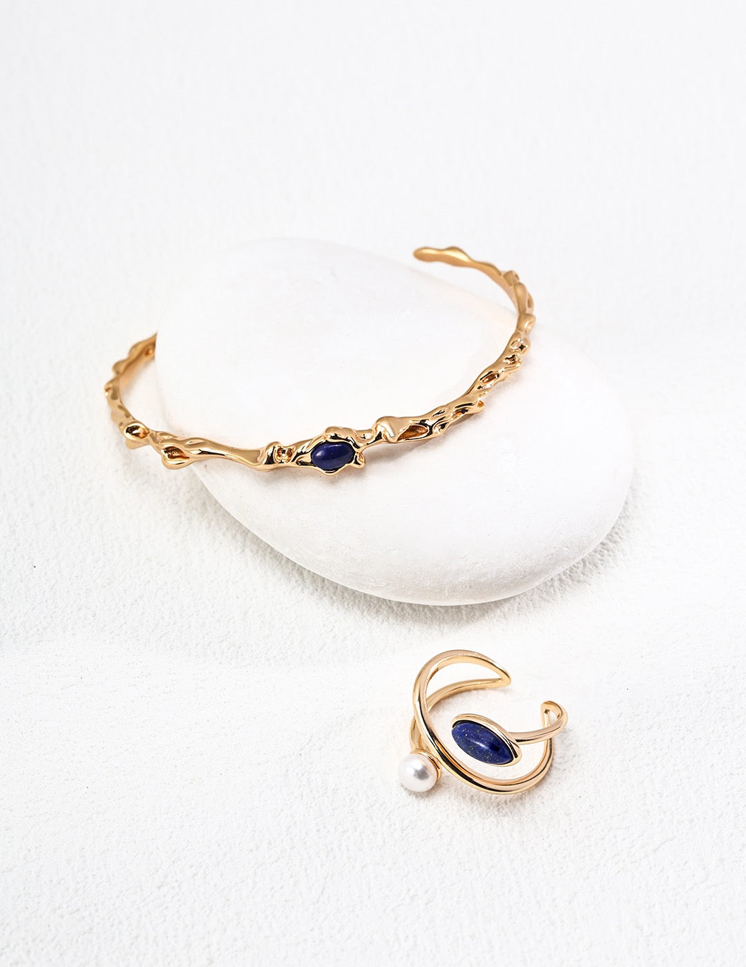 Adjustable Stone Ring Set - Lapis Lazuli & Pearl Gold