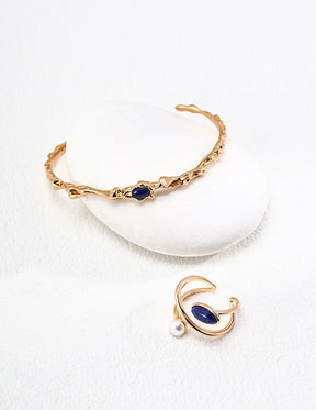 Adjustable Stone Ring Set - Lapis Lazuli & Pearl Gold
