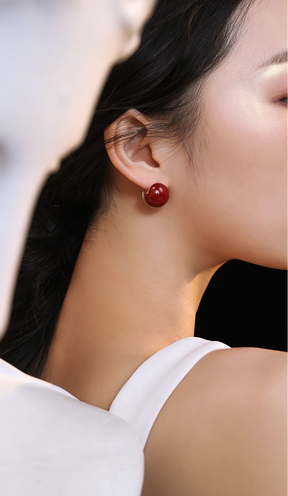 Crimson Sphere Stud Earrings - Red Enamel Ball Studs