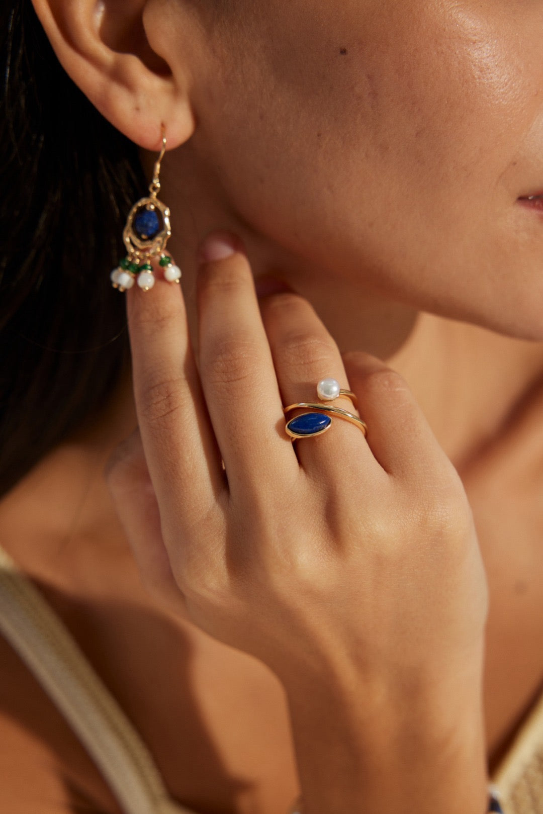 Adjustable Stone Ring Set - Lapis Lazuli & Pearl Gold