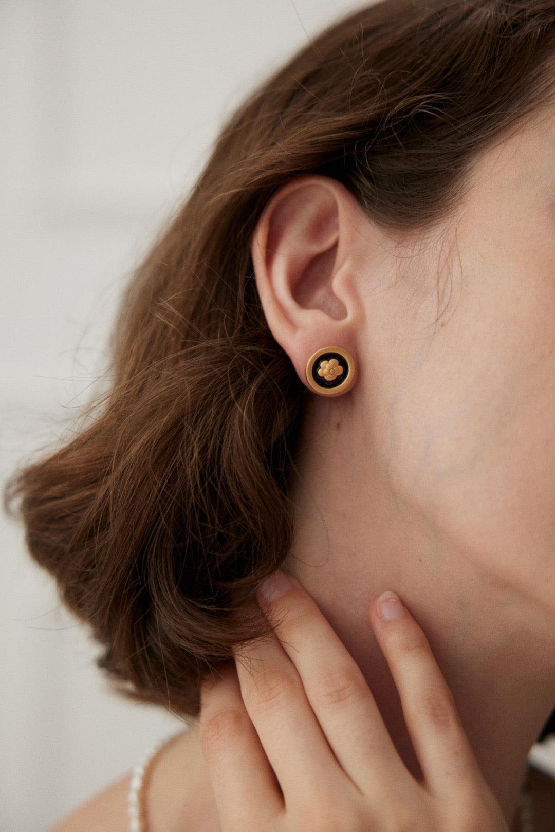 Camellia Earrings| Black and Gold Glaze Stud Earrings