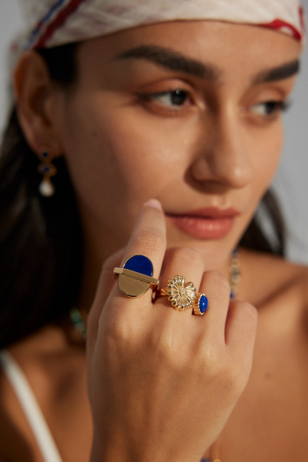 Lapis Lazuli Flower Cuff Ring - Gold