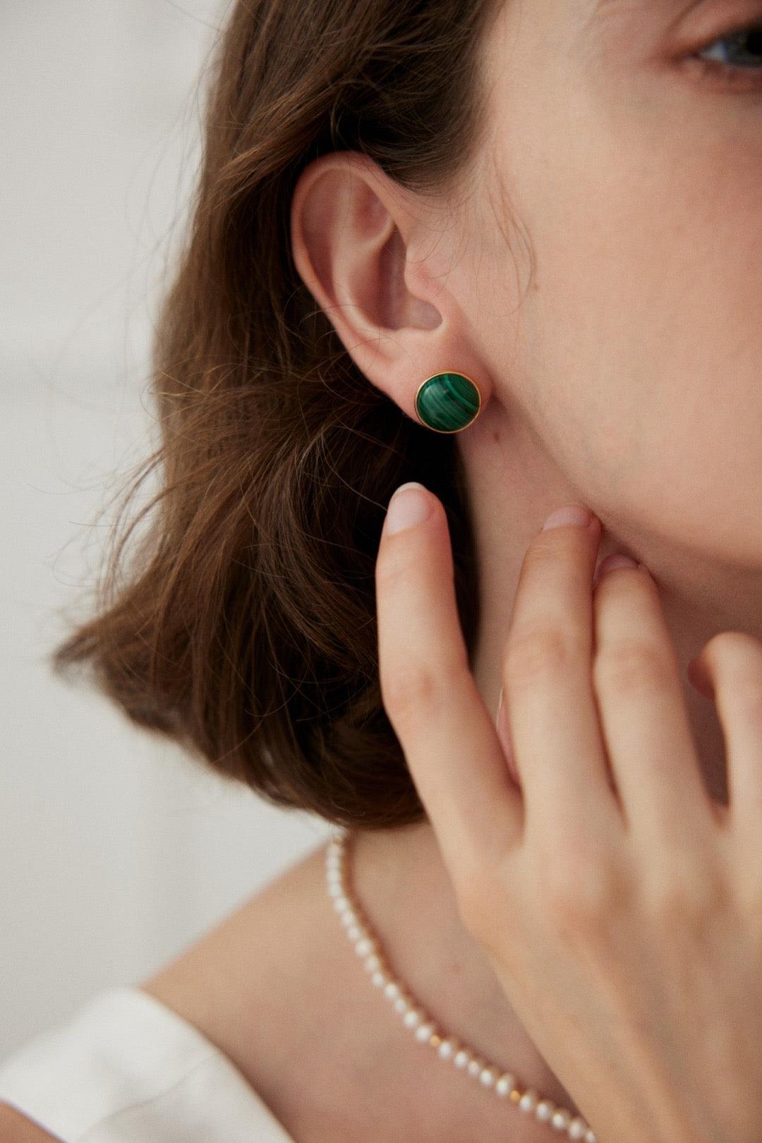 Tessa Earrings, crafted with 1cm Malachite gemstones | Lia Atelier | Spiritual Earrings | Chinese Feng Shui Earrings|Tessa Malachite Stud Earrings|Malachite Stone Earrings|18k Gold 