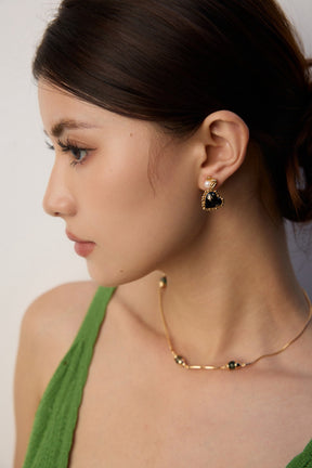 Vintage Gold Pearl Black Heart Drop Earrings