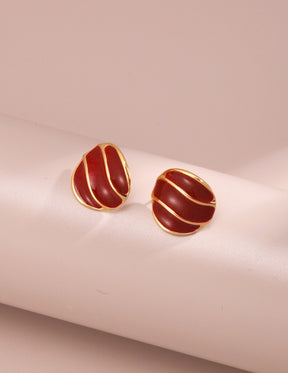 Burgundy Red Enamel Spiral Stud Earrings with Gold Trim