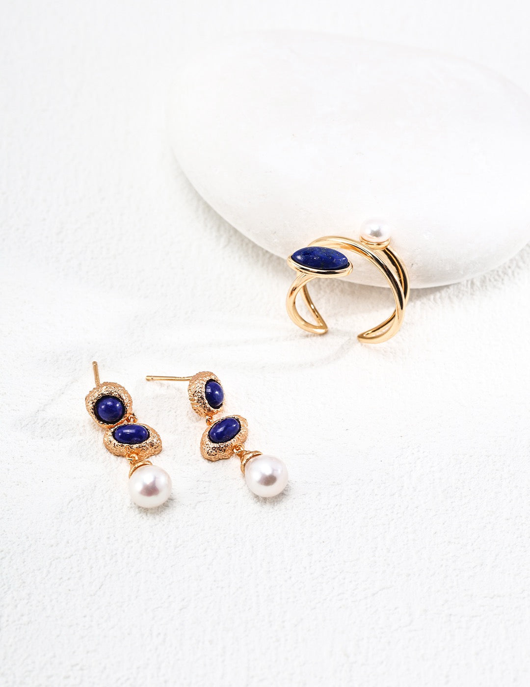 Adjustable Stone Ring Set - Lapis Lazuli & Pearl Gold