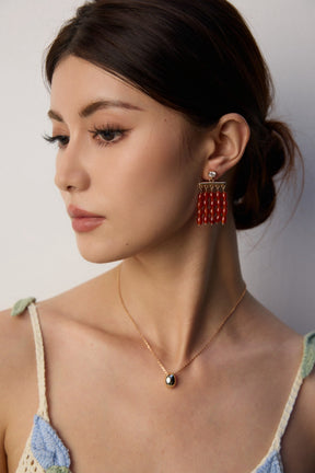 Red Carnelian Beaded Fringe Drop Earrings with Crystal Studs