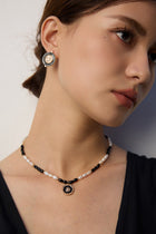 Black Onyx Pearl Statement Necklace with Gold Medallion Pendant