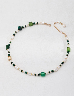 Celestial Garden Necklace - Malachite, Agate & Pearl Harmony displayed on a white surface.