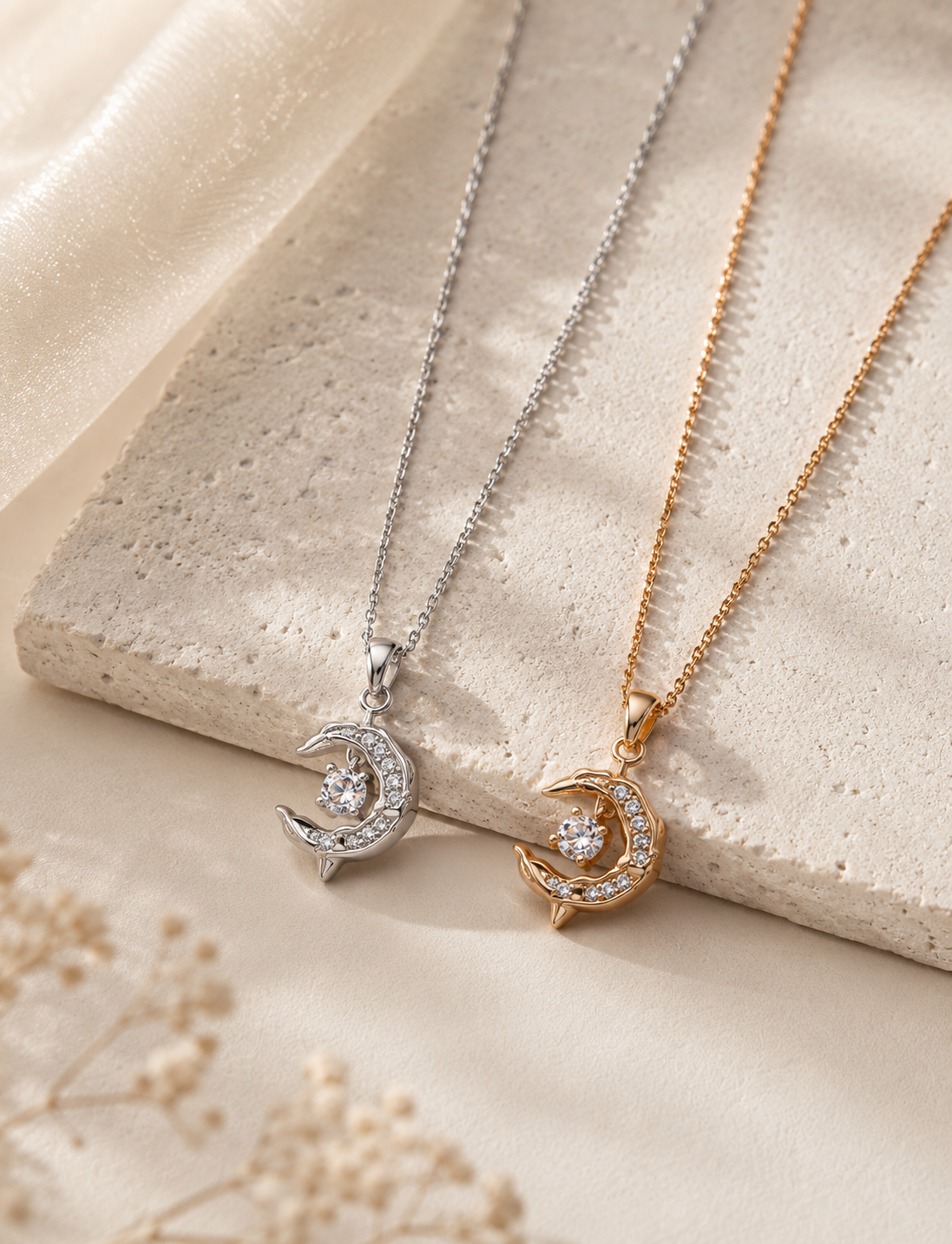 Gold vermeil and sterling silver crescent moon crystal necklaces displayed together