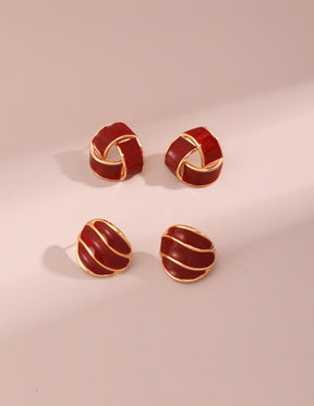 Burgundy Red Enamel Twisted Knot Stud Earrings with Gold Accent