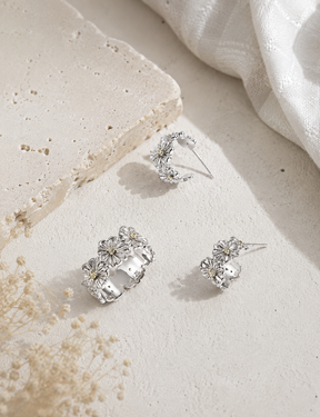 Silver daisy hoop earrings and matching cuff ring - Lia Atelier Daisy Chain jewelry set
