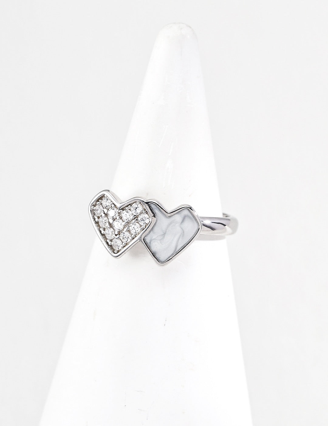 Double heart sterling silver diamond open ring for women.