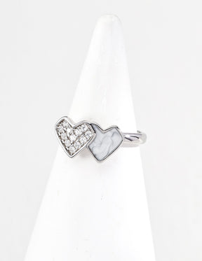 Double heart sterling silver diamond open ring for women.