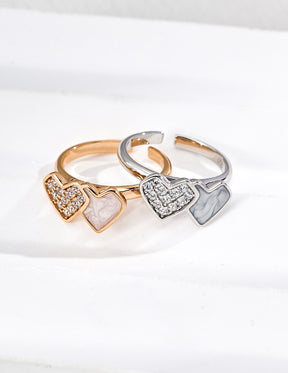 Double Heart Open Ring for women, with zircon and mother of pearl design.