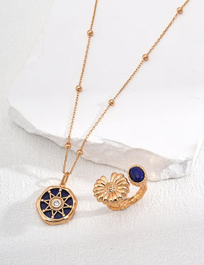 Lapis Lazuli Flower Cuff Ring - Gold
