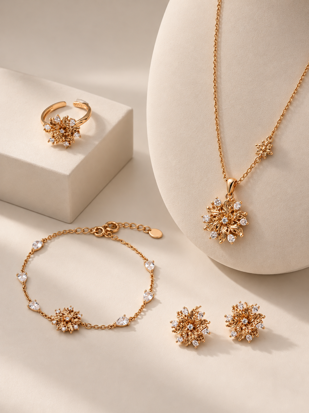 Elowen Radiant Bloom Pendant Necklace displayed with matching earrings, bracelet, and ring, sold separately.