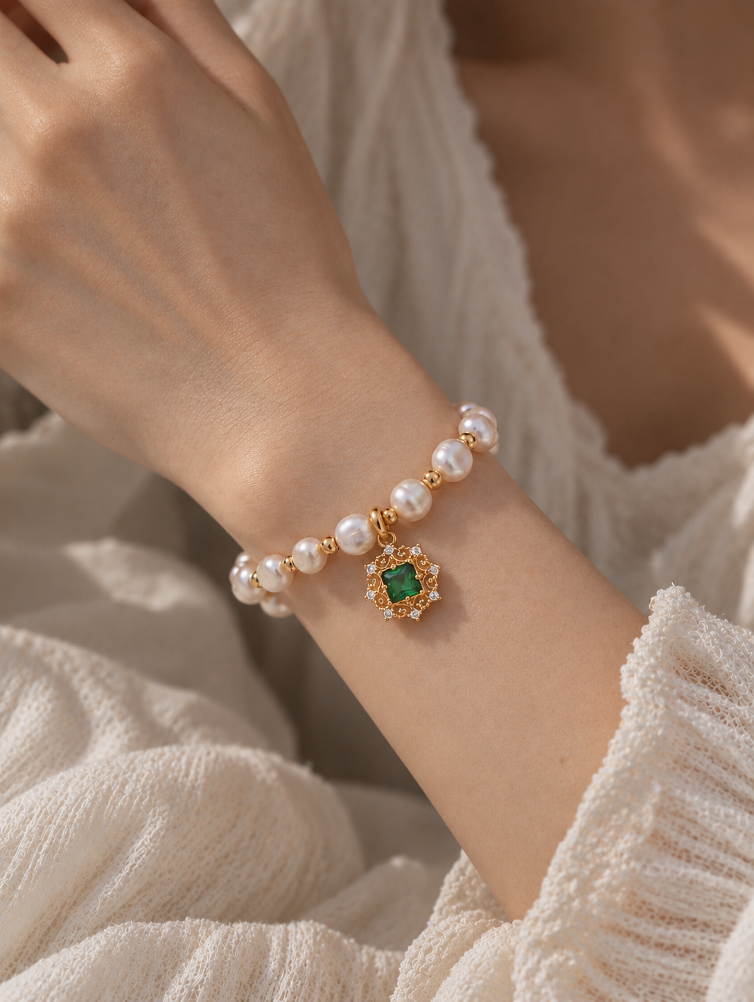Emerald pearl bracelet on a model's wrist, with freshwater cultured pearls and a green cubic zirconia filigree charm