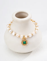 Baroque pearl bracelet with emerald-green zircon charm in 18K gold vermeil
