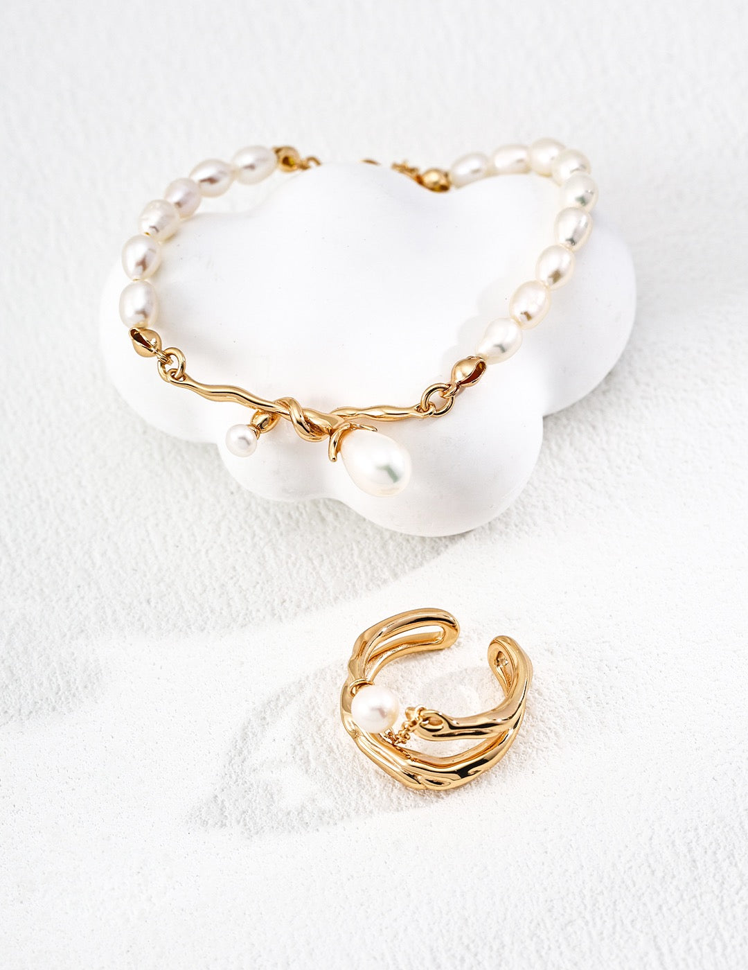 Ethereal Knot Freshwater Pearl Bracelet and gold pearl cuff ring