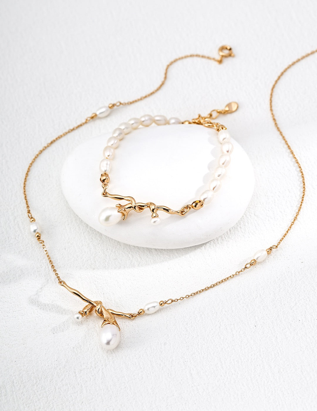 Ethereal Knot Freshwater Pearl Bracelet and Necklace in 18k gold vermeil for women