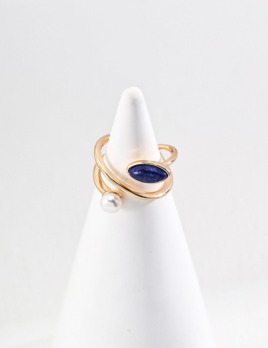 Adjustable Stone Ring Set - Lapis Lazuli & Pearl Gold